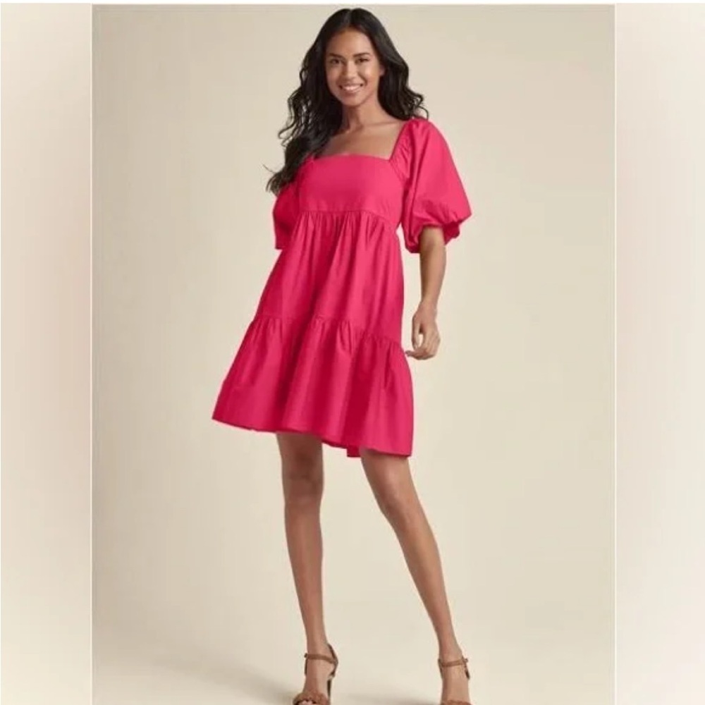 🆕 Beyond Words Size XS Pink Puff Sleeve Mini tiered Dress brand new with tags